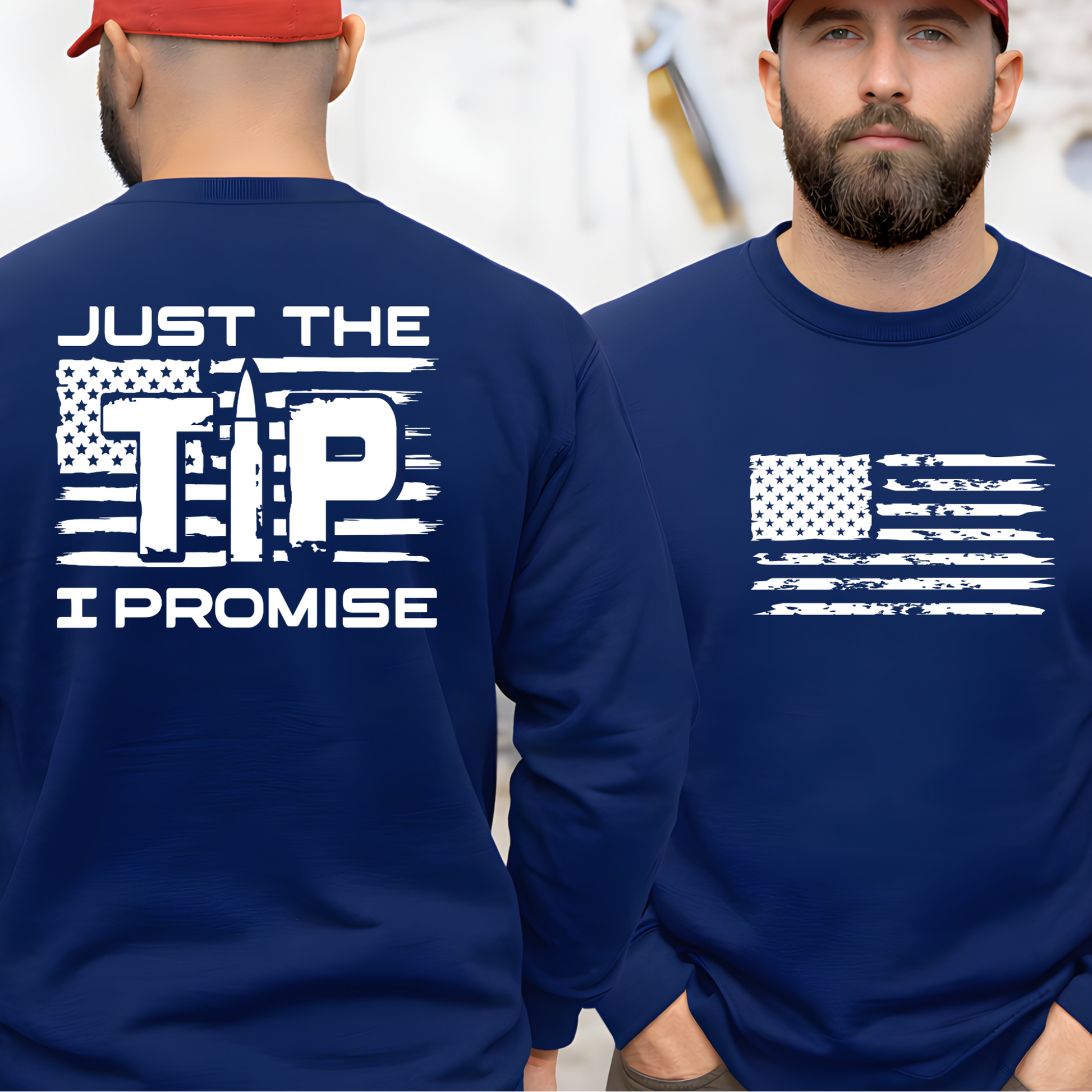 Men’s navy blue patriotic sweatshirt front and back view with distressed American flag and bold graphic text