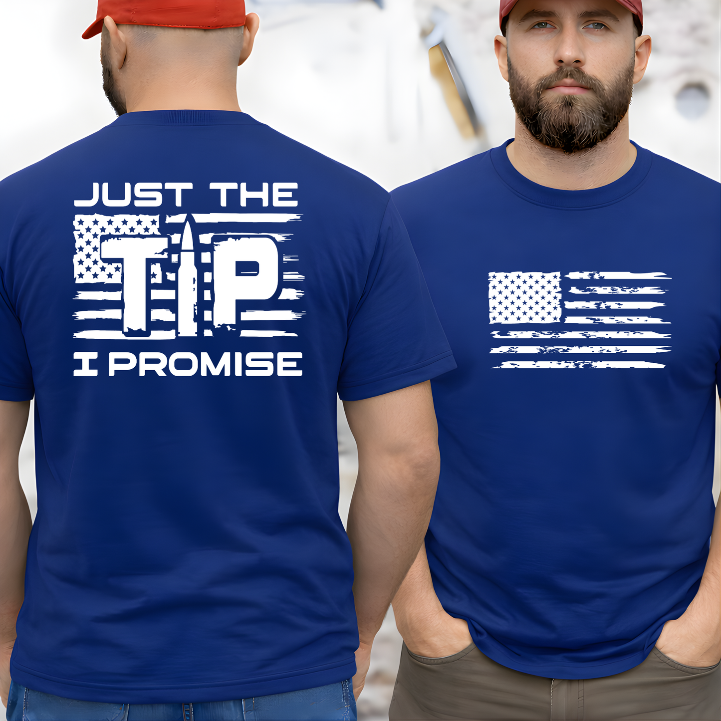 Men’s navy blue patriotic t-shirt front and back view featuring distressed American flag design