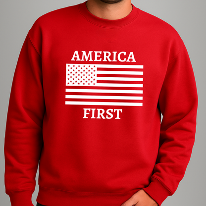 Men’s red America First pullover hoodie with USA flag