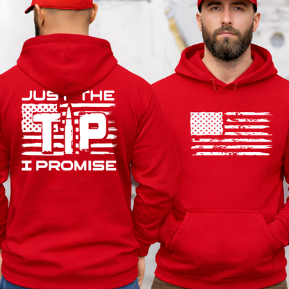 Men’s red patriotic hoodie front and back view with distressed American flag graphic