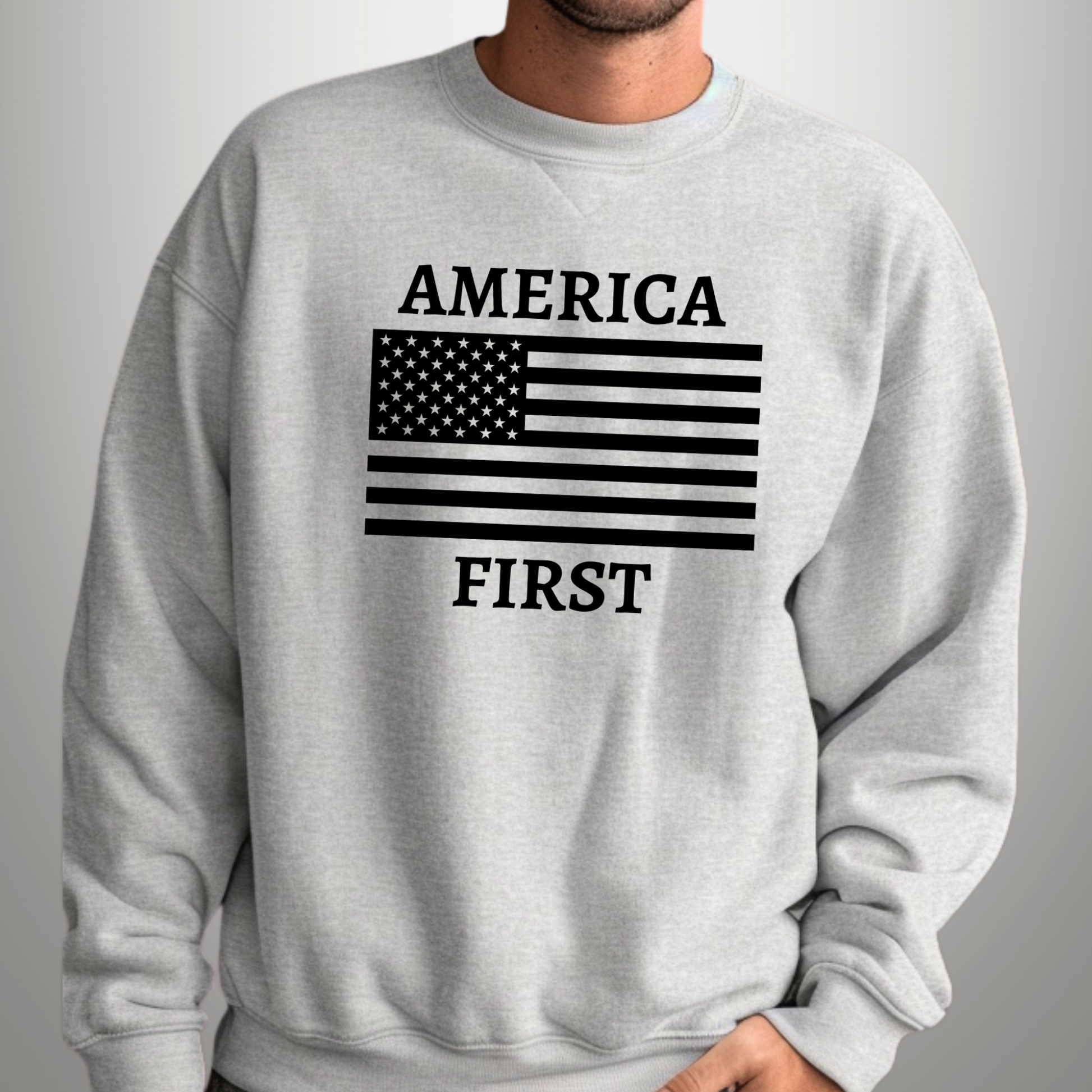 Men’s sports gray America First sweatshirt with American flag