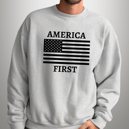 Men’s sports gray America First sweatshirt with American flag