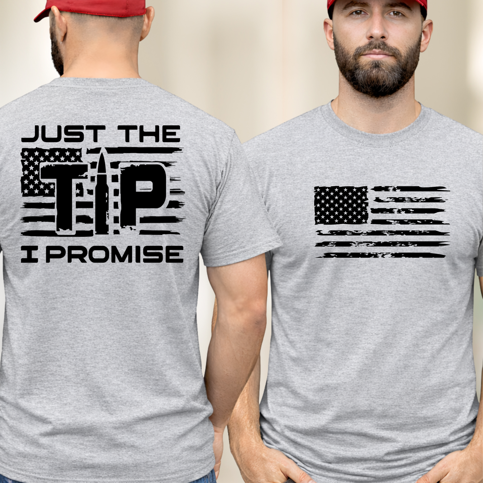 Men’s sports gray patriotic t-shirt front and back view with distressed American flag print