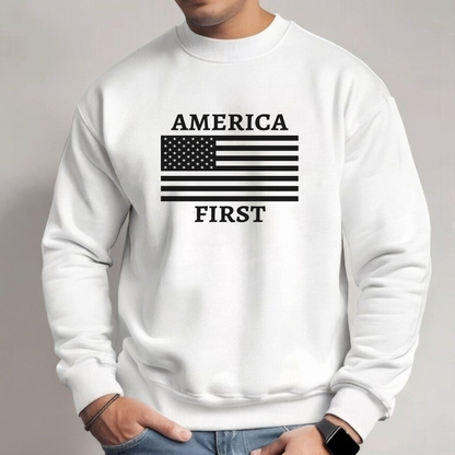 Men’s white America First crewneck sweatshirt with flag