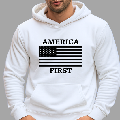 Men’s white America First hoodie with USA flag design