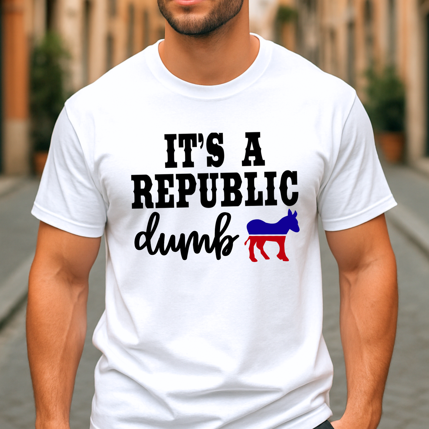 Men’s white shirt with “It’s a Republic Dumb” political graphic