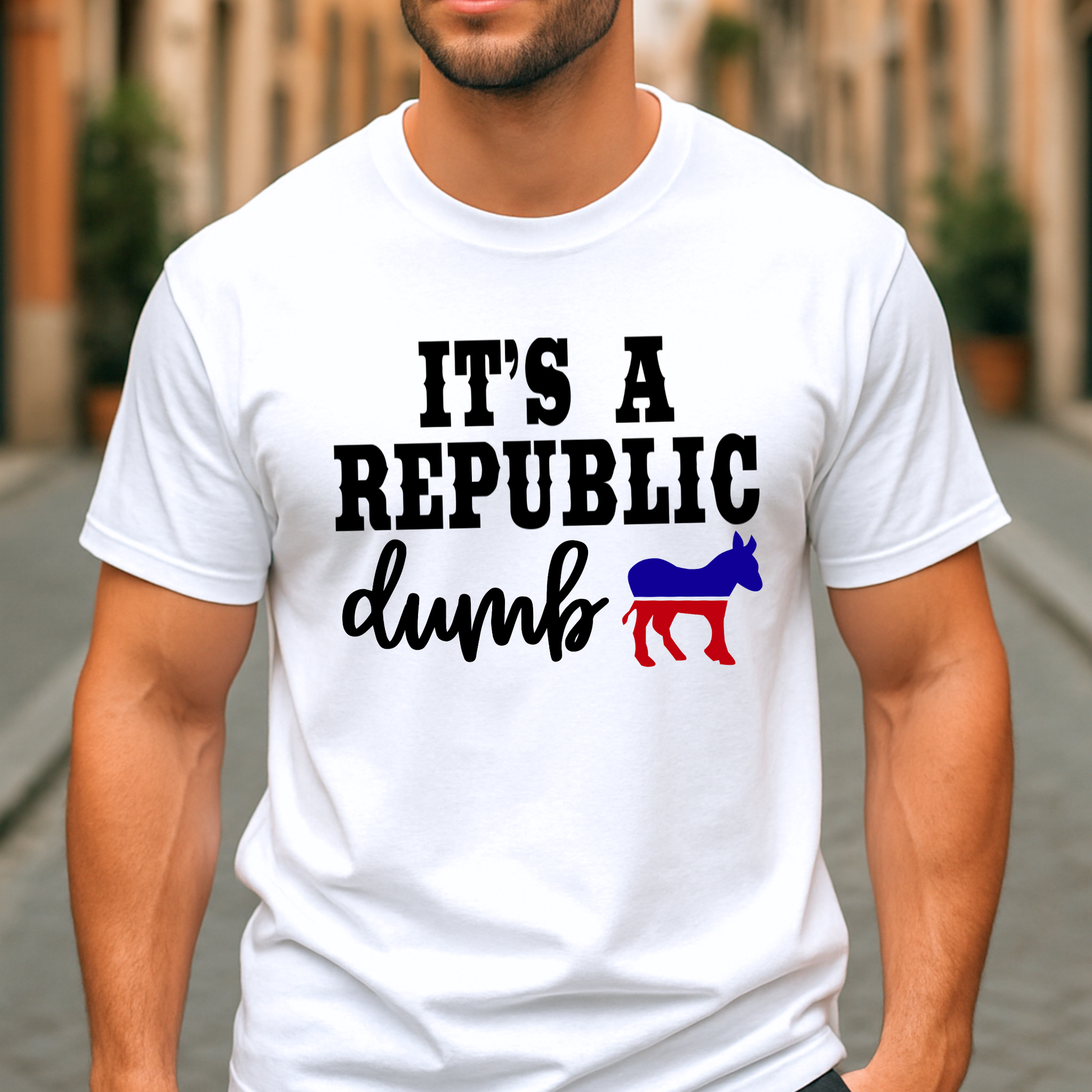 Men’s white shirt with “It’s a Republic Dumb” political graphic