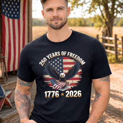 Black t-shirt with American flag and eagle design celebrating 250 years of freedom, worn by a man.