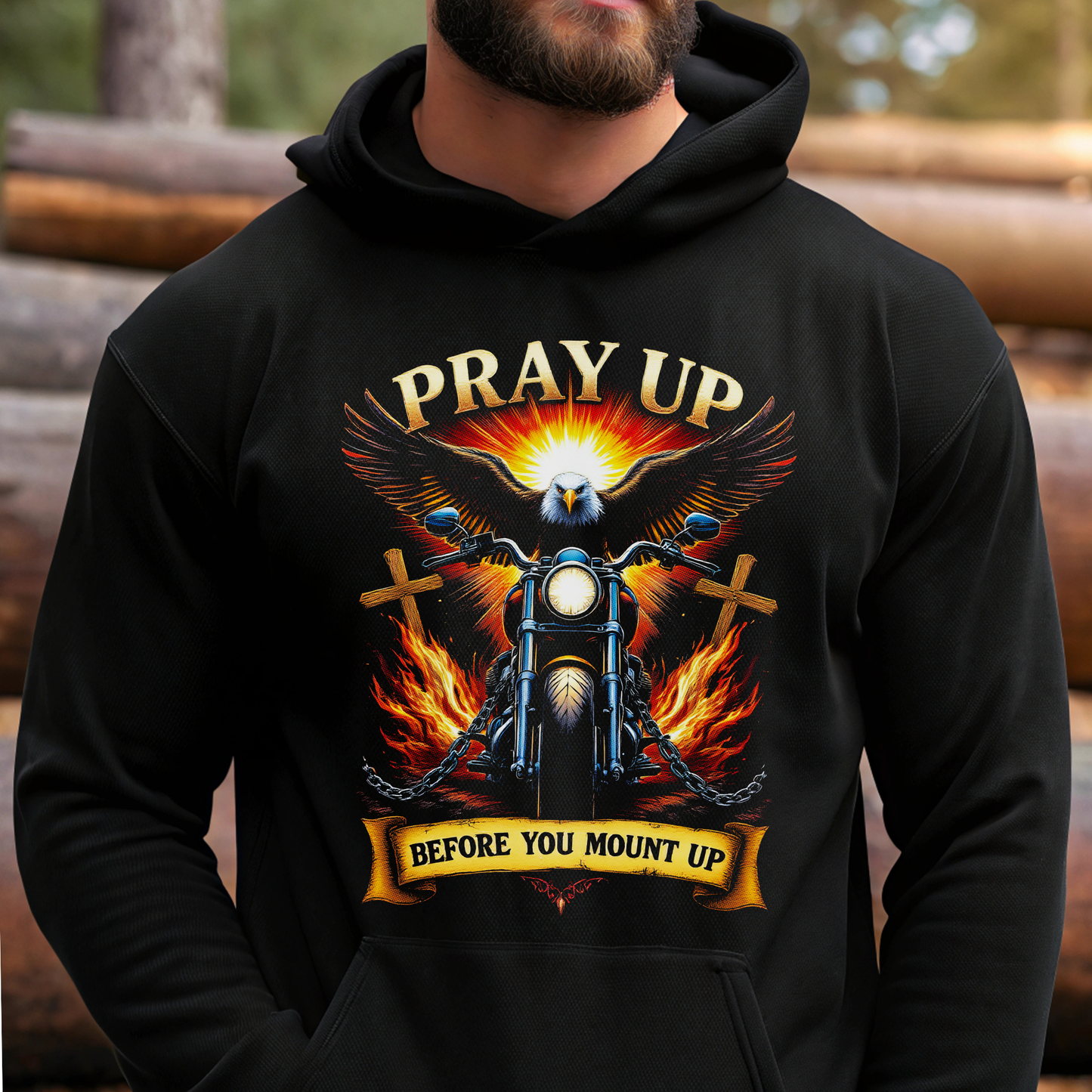 Black hoodie with eagle and motorcycle graphic and text 'Pray Up Before You Mount Up' worn by a person.