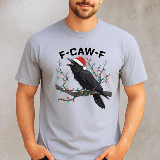 Man wearing gray Christmas crow shirt with Santa hat and colorful lights.