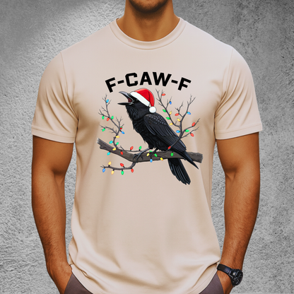 Man in sand-colored festive crow t-shirt featuring Santa hat design.