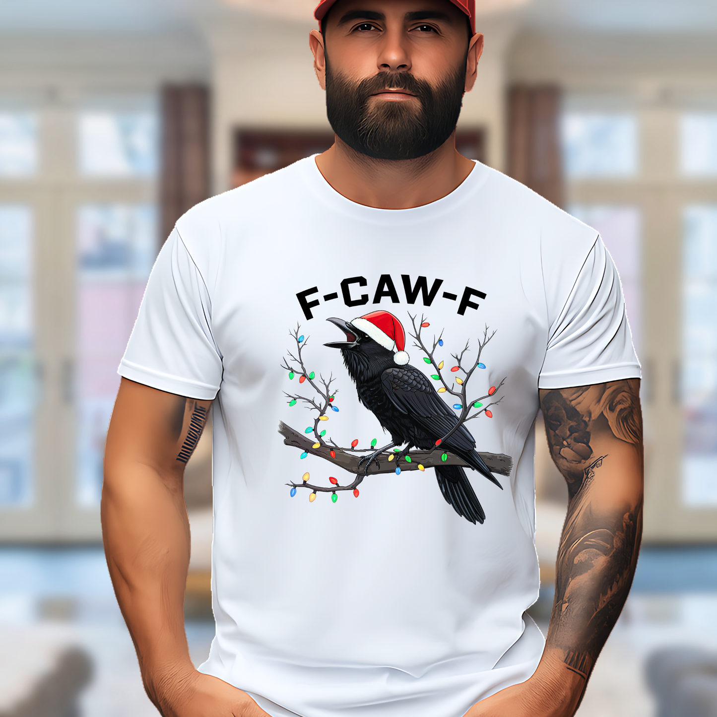 Man wearing white Christmas crow shirt with F-CAW-F phrase and lights.