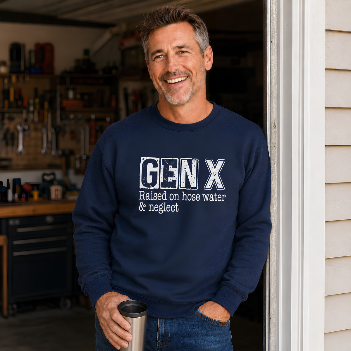 Man wearing a navy Gen X crewneck sweatshirt with distressed “Raised on hose water & neglect” lettering in a garage doorway.