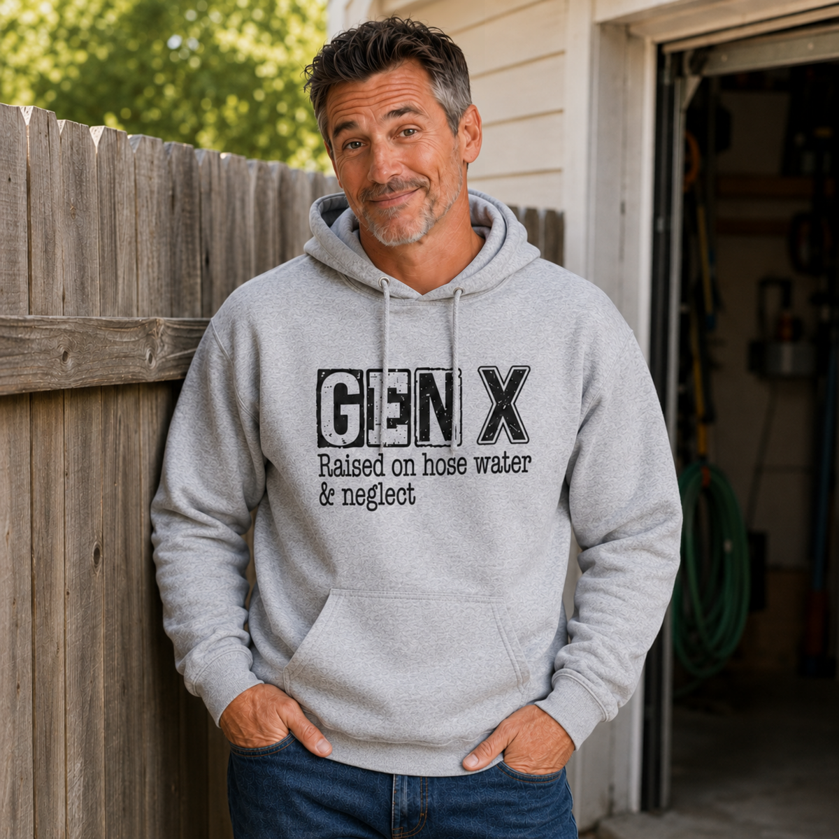 Man wearing a sports gray Gen X hoodie with distressed “Raised on hose water & neglect” lettering near a garage.