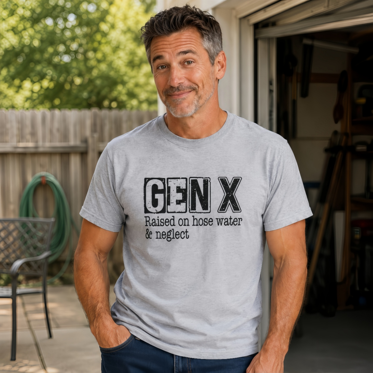 Man wearing a sports gray Gen X T-shirt with distressed “Raised on hose water & neglect” lettering outside a garage.