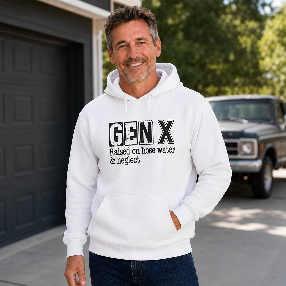 Man wearing a white Gen X hoodie with distressed “Raised on hose water & neglect” lettering outside a garage.