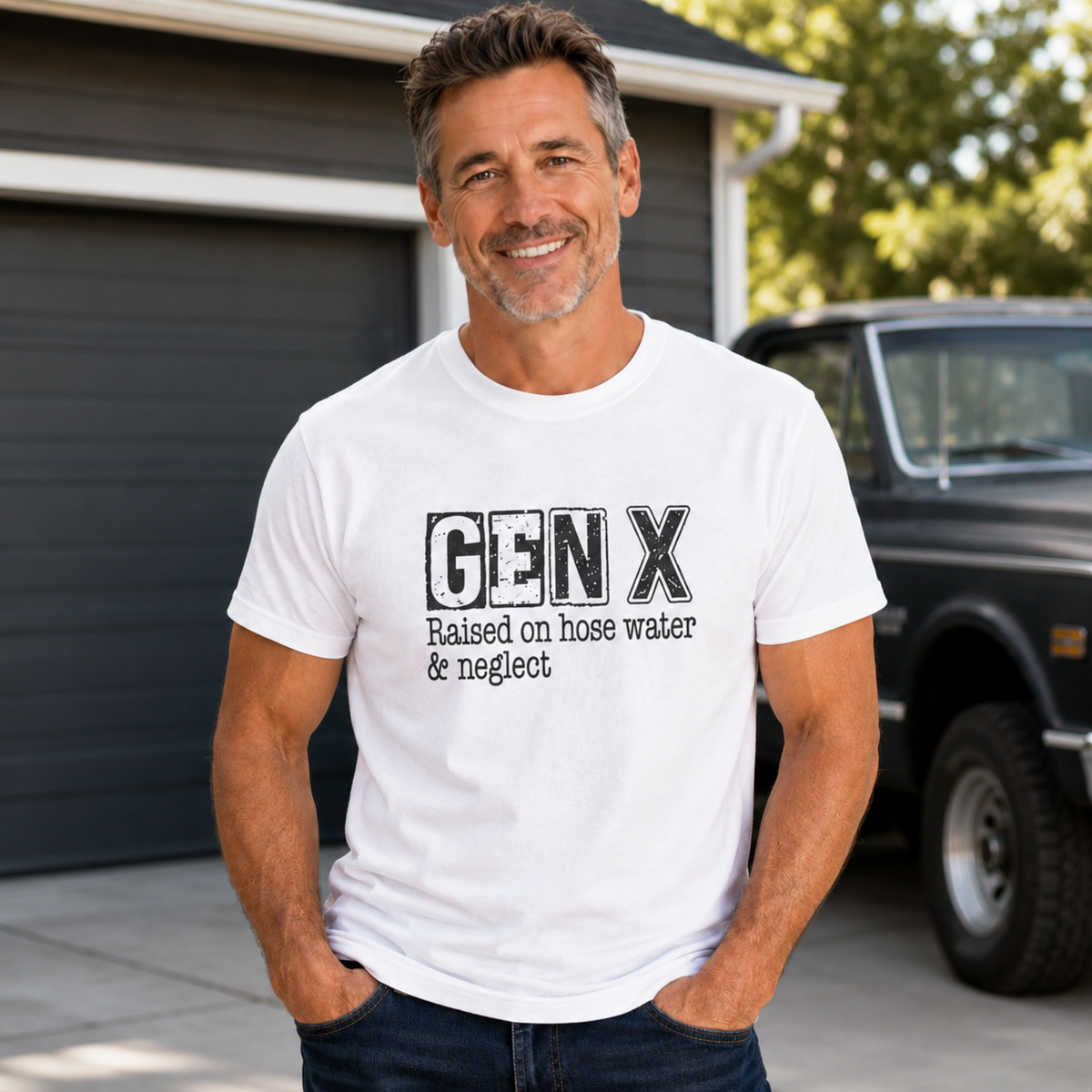 Man wearing a white Gen X T-shirt with distressed “Raised on hose water & neglect” lettering beside a vintage truck.