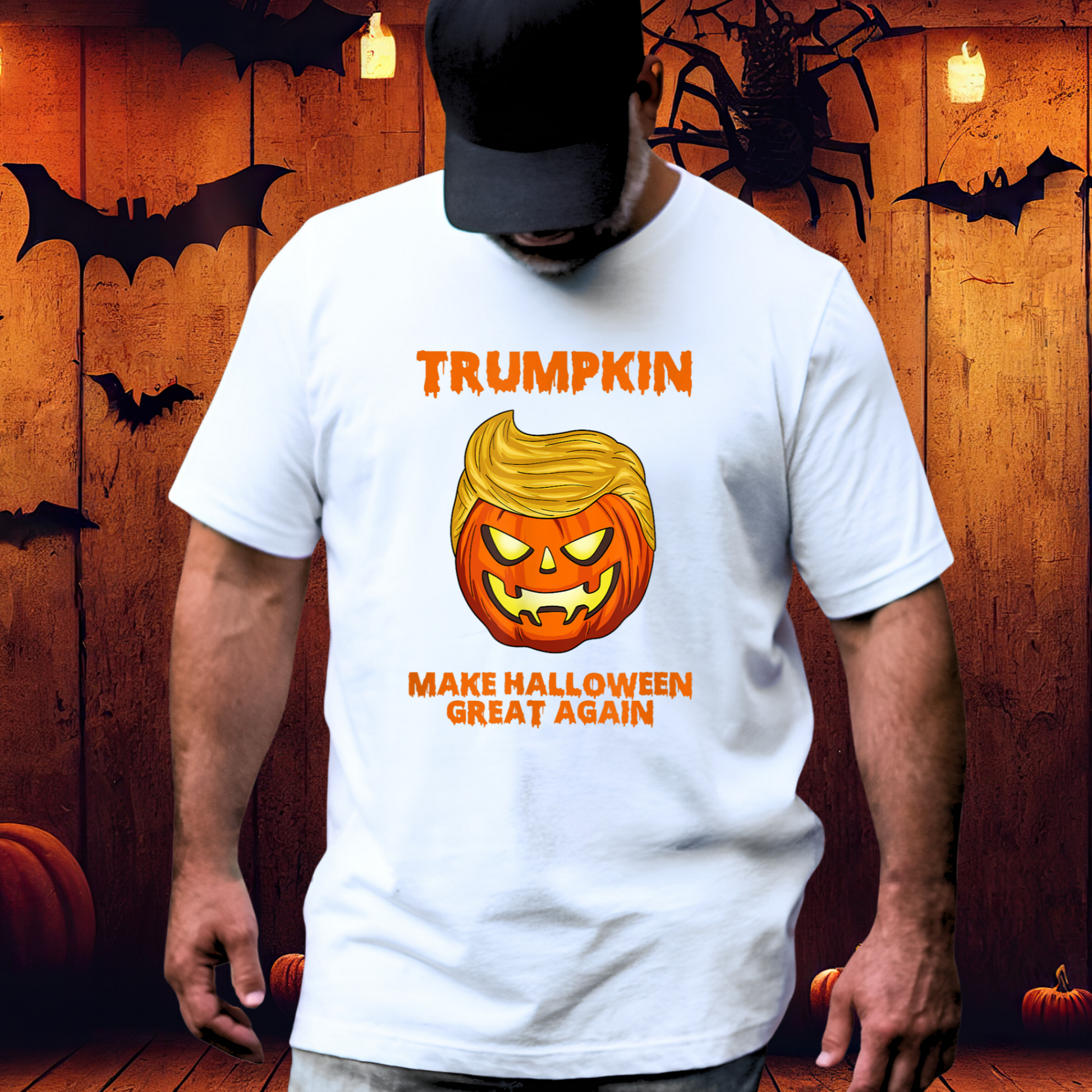 Man wearing a white Halloween Trumpkin tee – pumpkin face graphic 