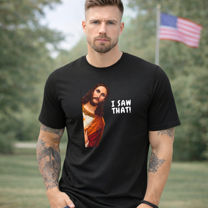 Man wearing a black t-shirt with a graphic design and text outdoors.