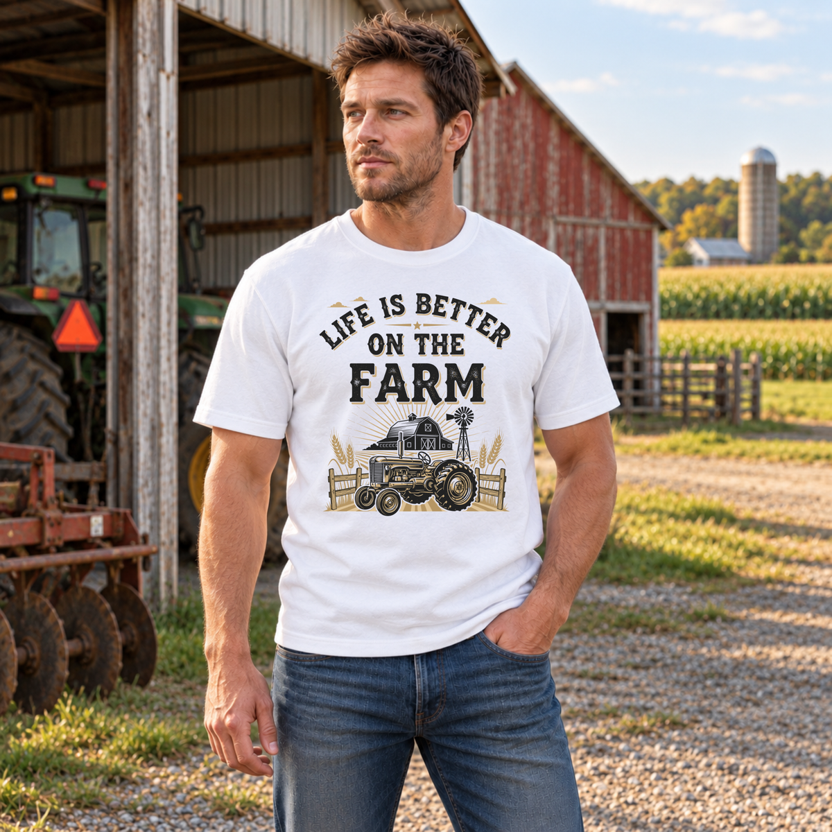 Man wearing a white Life Is Better on the Farm T-shirt near a tractor shed and field.