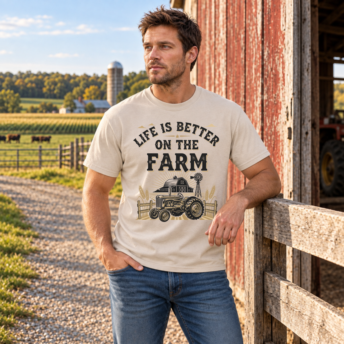 Man in a sand Life Is Better on the Farm T-shirt leaning on a wooden fence beside a red barn.