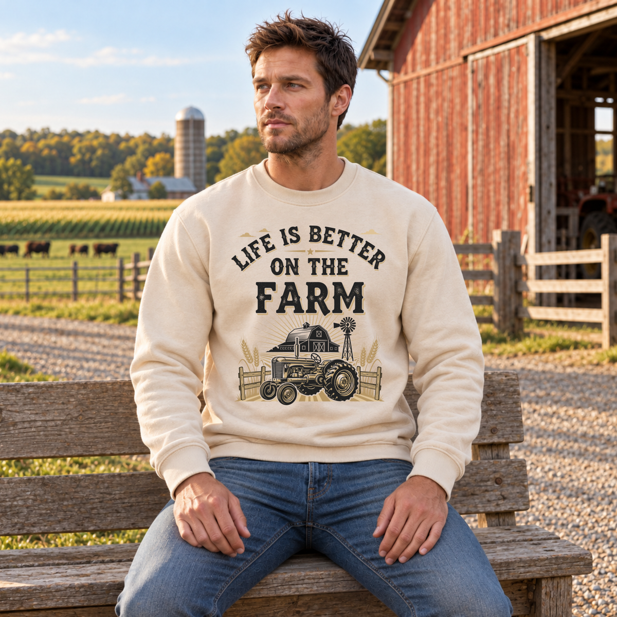 Man seated on a farm bench in a sand Life Is Better on the Farm sweatshirt with tractor graphic.