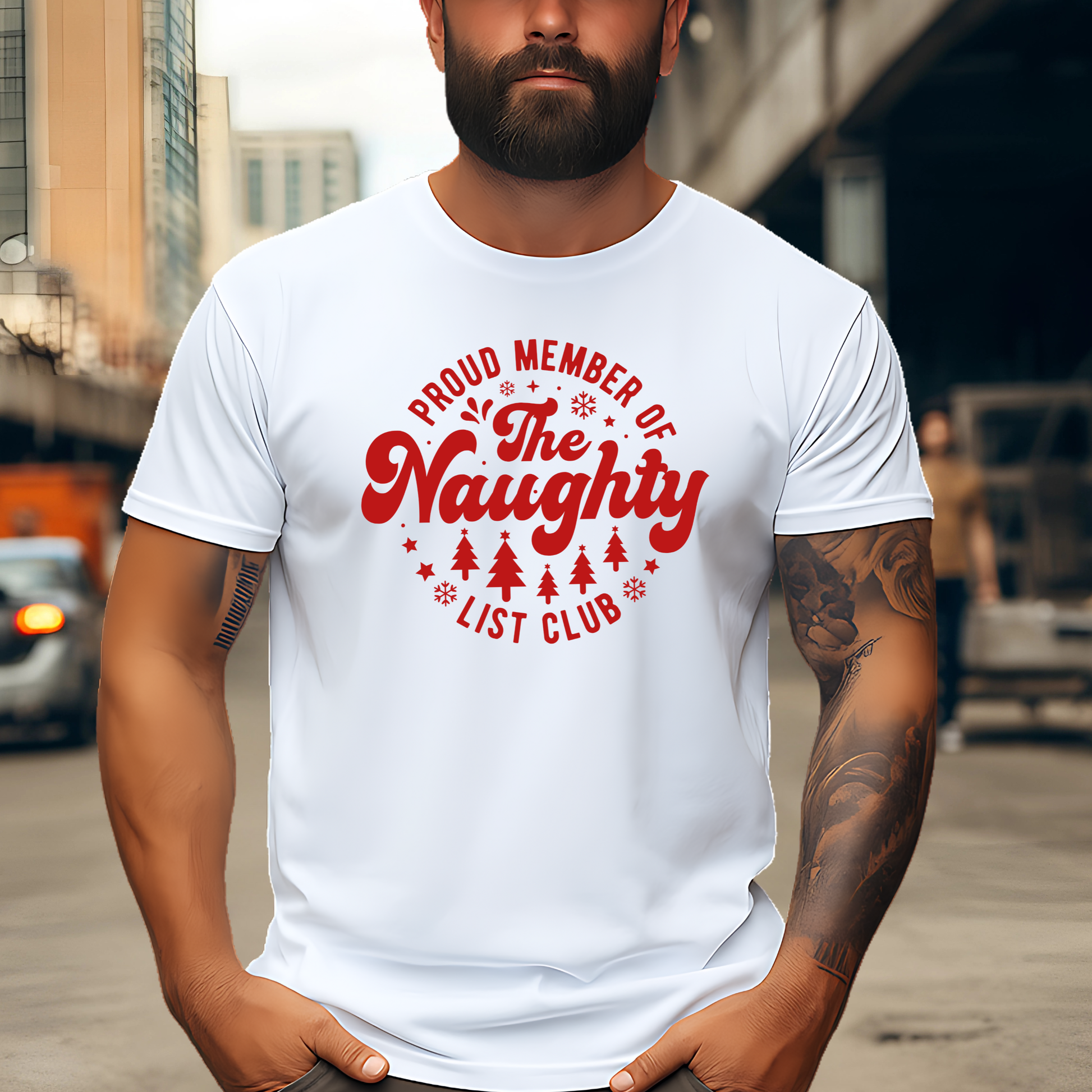 White men’s T-shirt with red “Proud Member of the Naughty List Club” design – funny Christmas top for men.