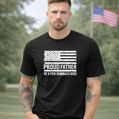 Man wearing a black t-shirt with text and an American flag graphic, "Proud Father" text
