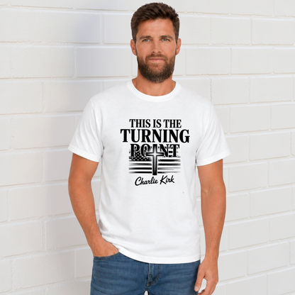 Man wearing a white T-shirt with black This Is the Turning Point cross graphic.