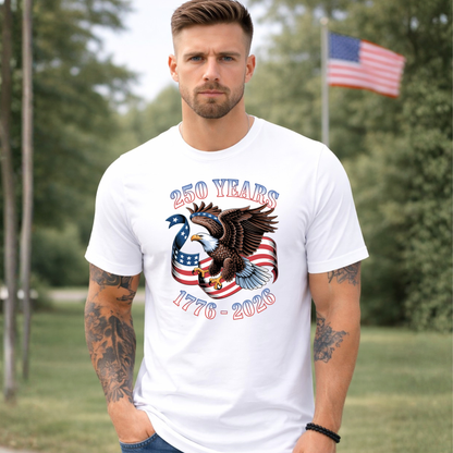 Mens white America 250 shirt eagle graphic 1776 2026 patriotic t-shirt front view
