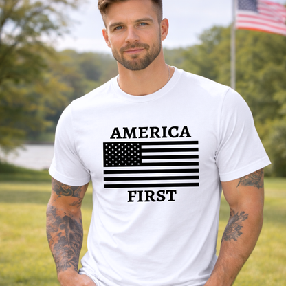 Men's white patriotic America First t-shirt with American flag graphic 
