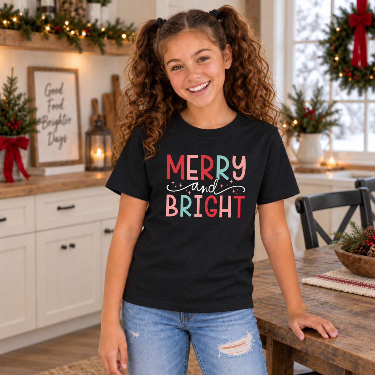 Girl wearing a black youth T-shirt with colorful Merry and Bright Christmas design in a festive kitchen