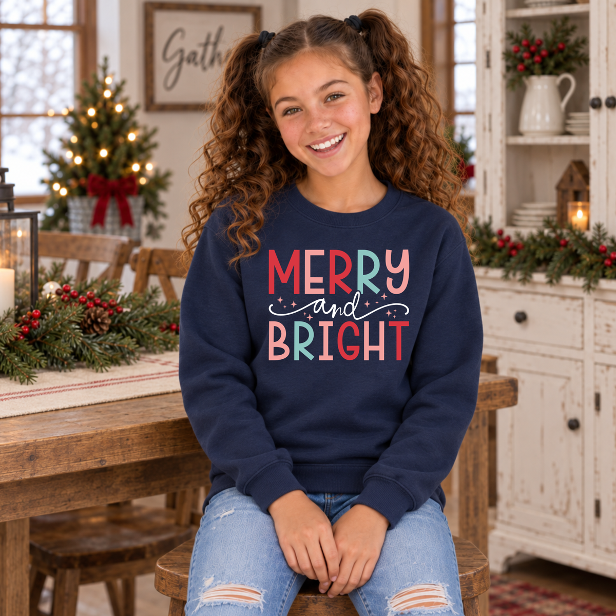 Girl wearing a navy youth sweatshirt with colorful Merry and Bright Christmas design in a rustic holiday dining room