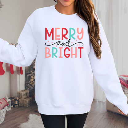 white sweatshirt with merry and bright pastel christmas design, unisex holiday crewneck, cyber monday sale christmas shirt