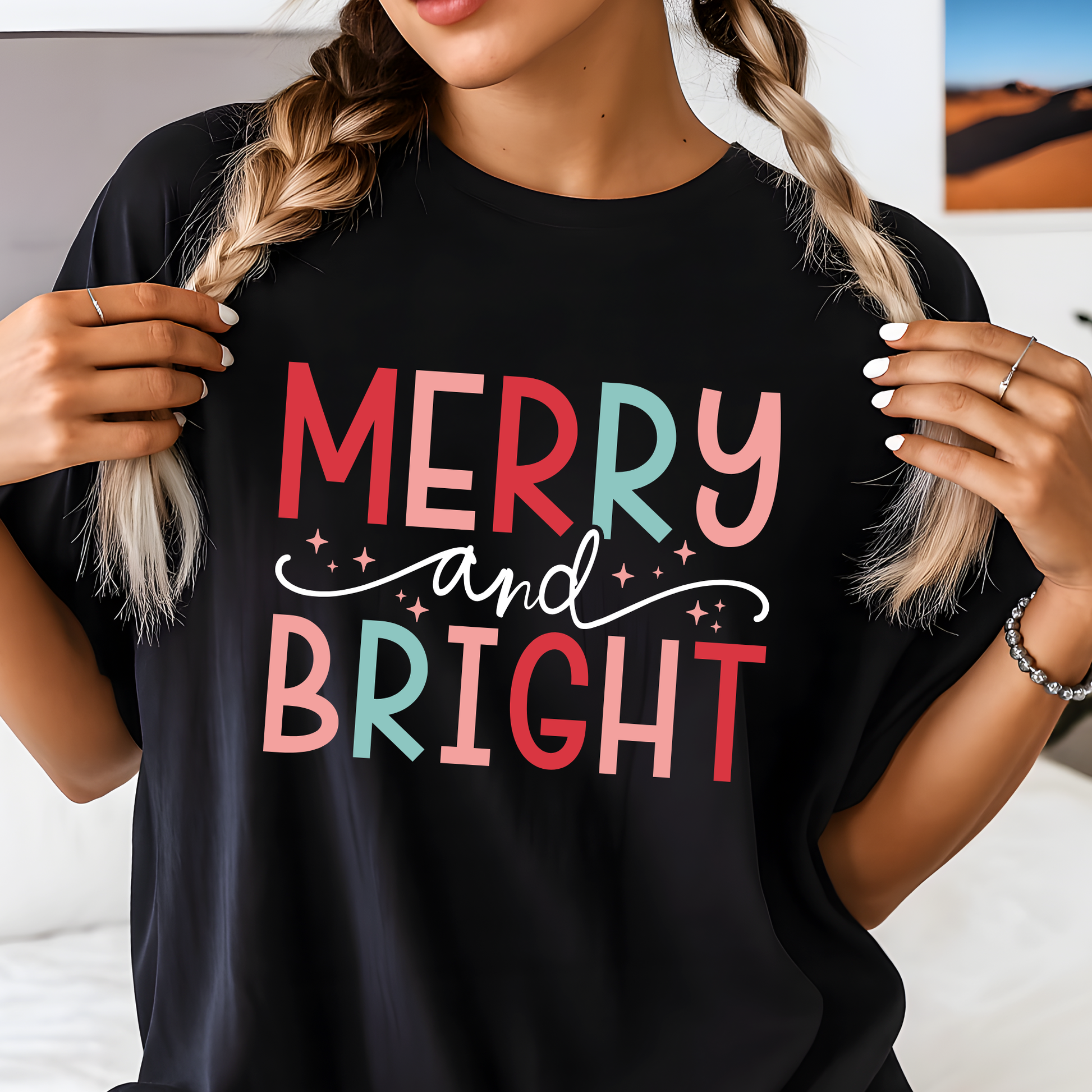 black oversized t-shirt with merry and bright pastel christmas design, unisex holiday tee, black friday deals christmas shirt