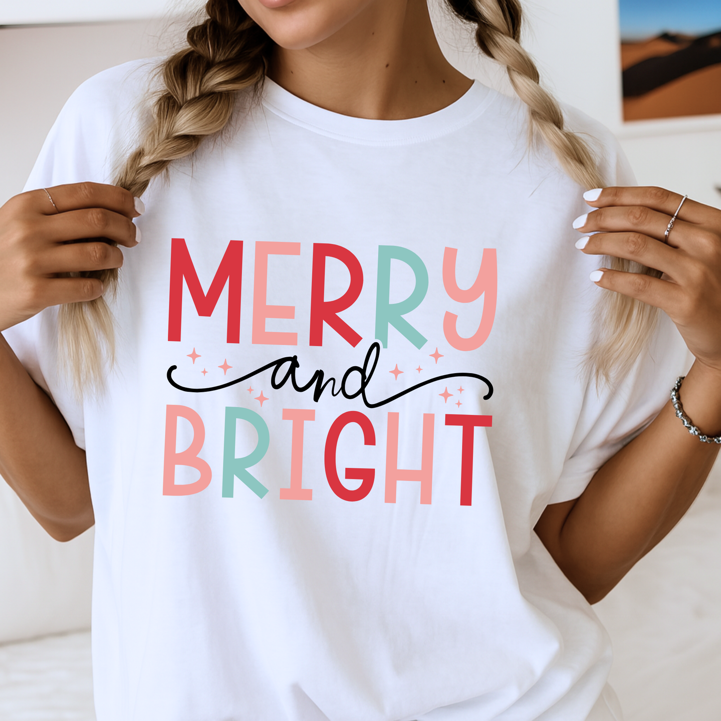 white oversized t-shirt with merry and bright pastel holiday graphic, unisex christmas tee, cyber monday sale christmas top