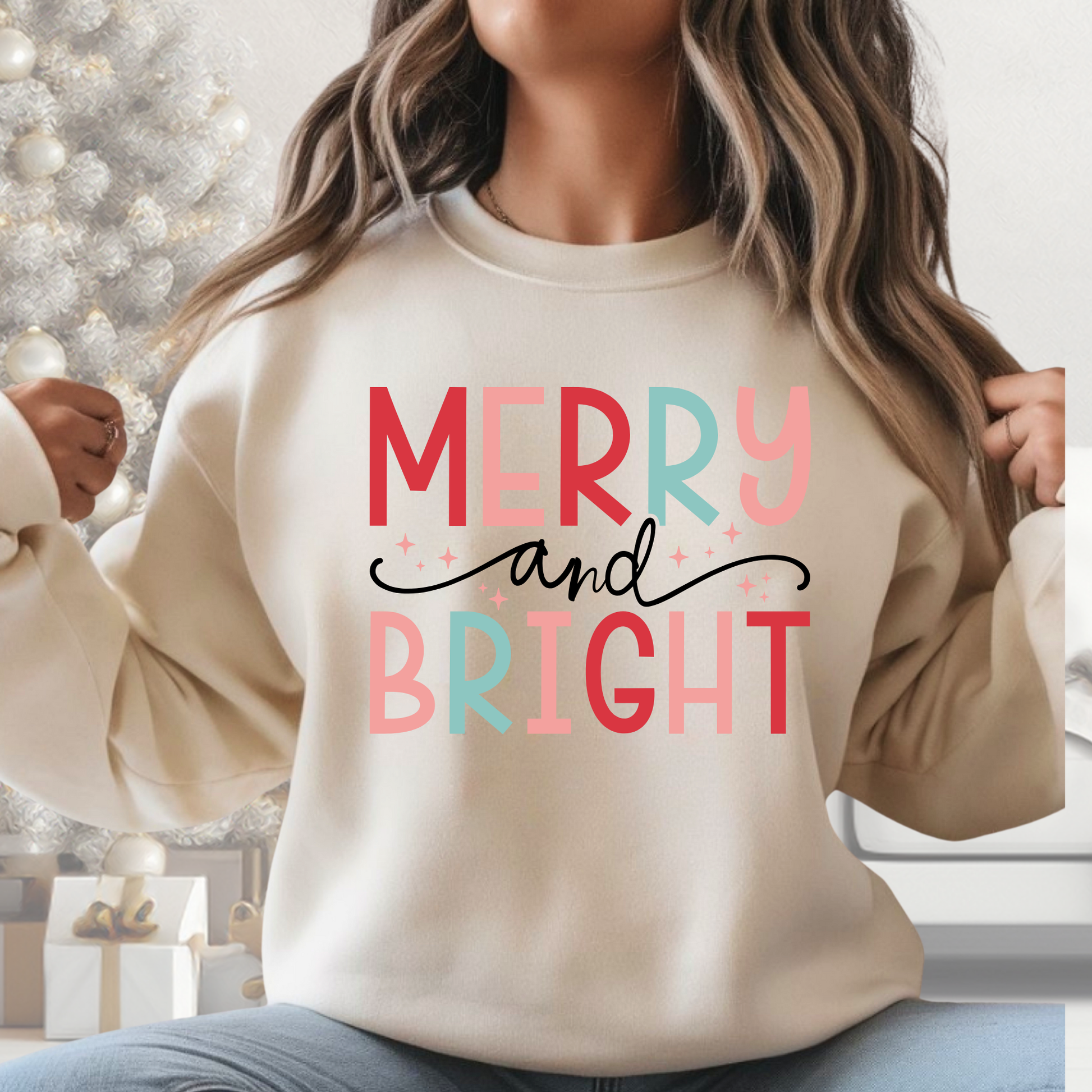 sand sweatshirt worn by model with merry and bright pastel christmas design, unisex crewneck, black friday sale winter sweatshirt