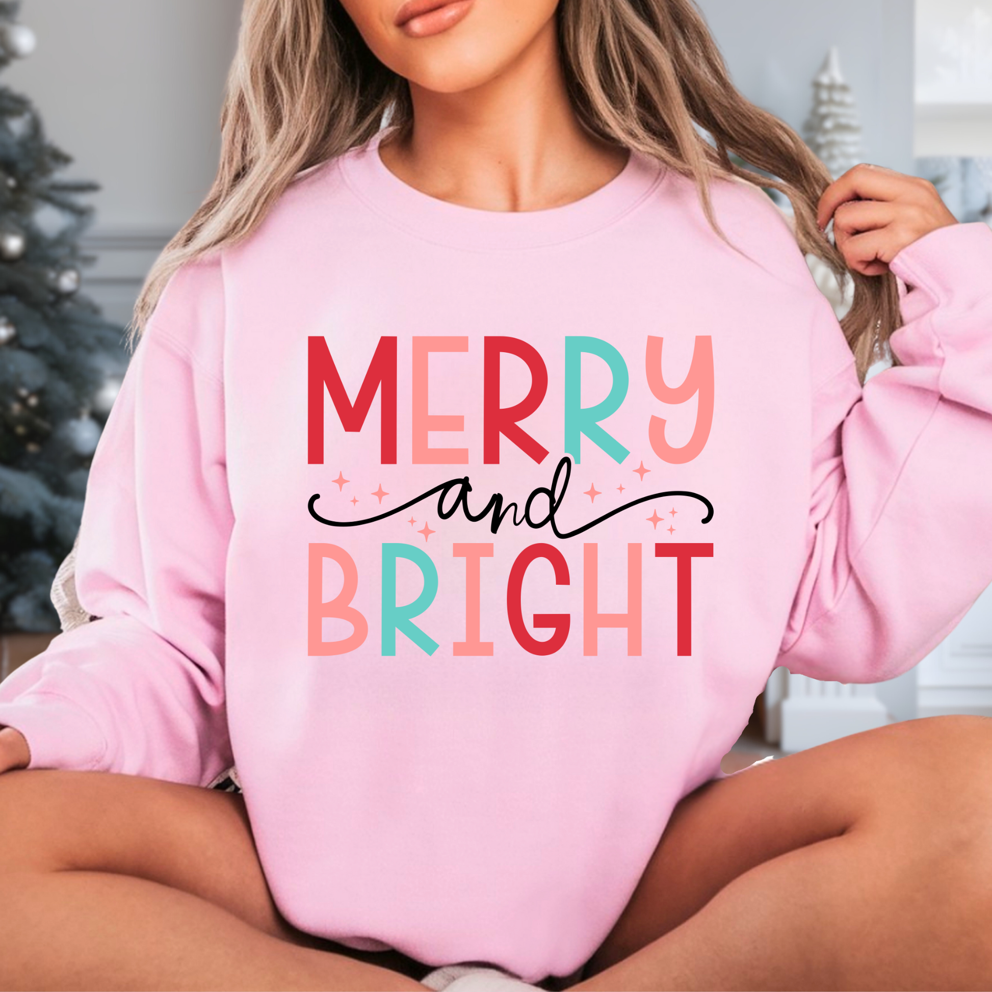 light pink sweatshirt with merry and bright pastel christmas design, cozy unisex crewneck, black friday deals holiday sweatshirt