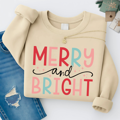 sand sweatshirt flat lay with merry and bright pastel christmas print, unisex crewneck, black friday sale holiday sweatshirt