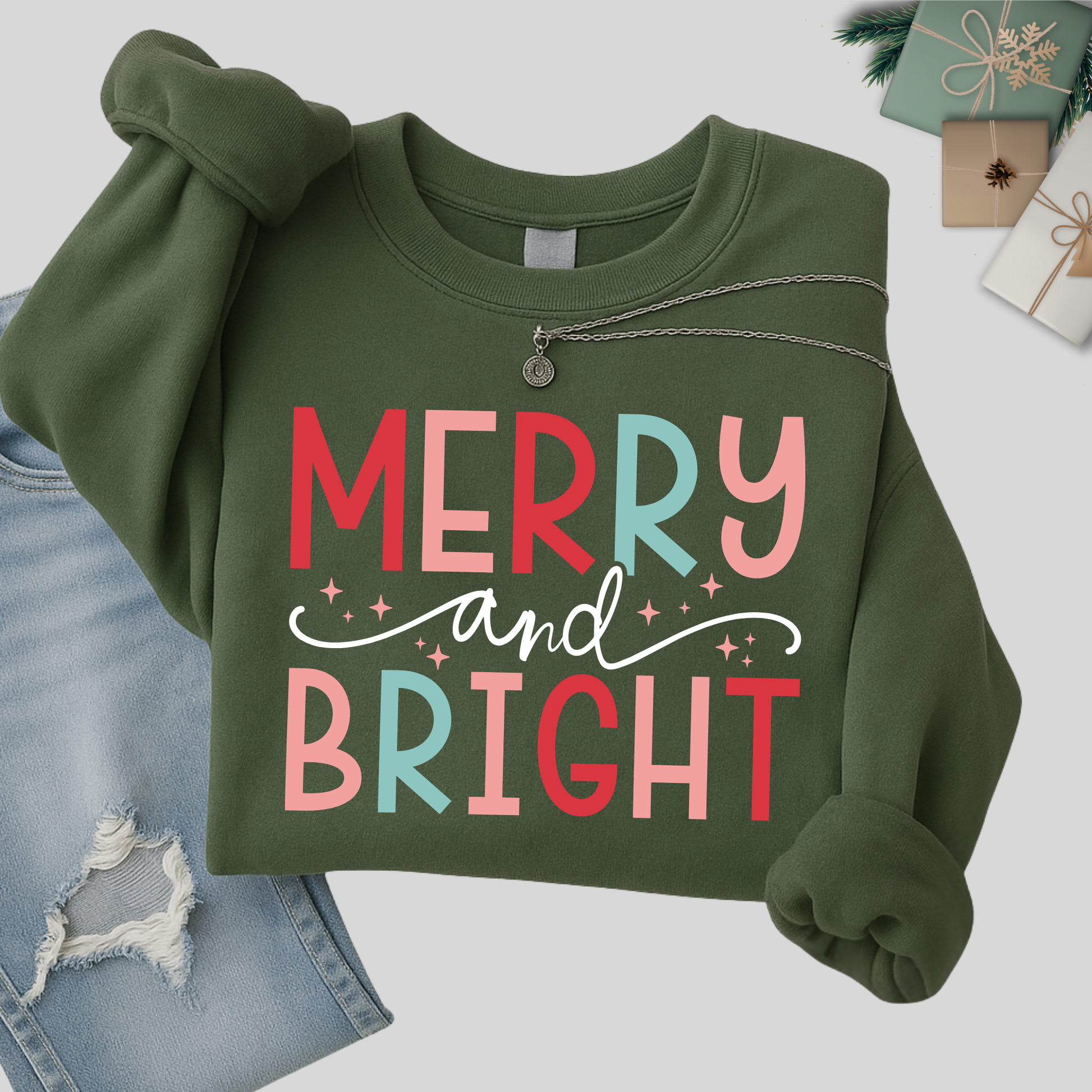 military green sweatshirt flat lay with merry and bright holiday graphic, unisex christmas crewneck, limited time black friday deal