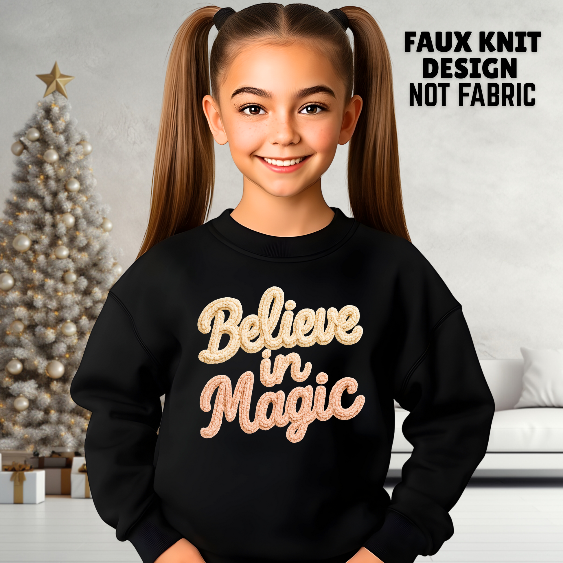 Youth girl in black faux knit Believe in Magic printed Christmas sweatshirt