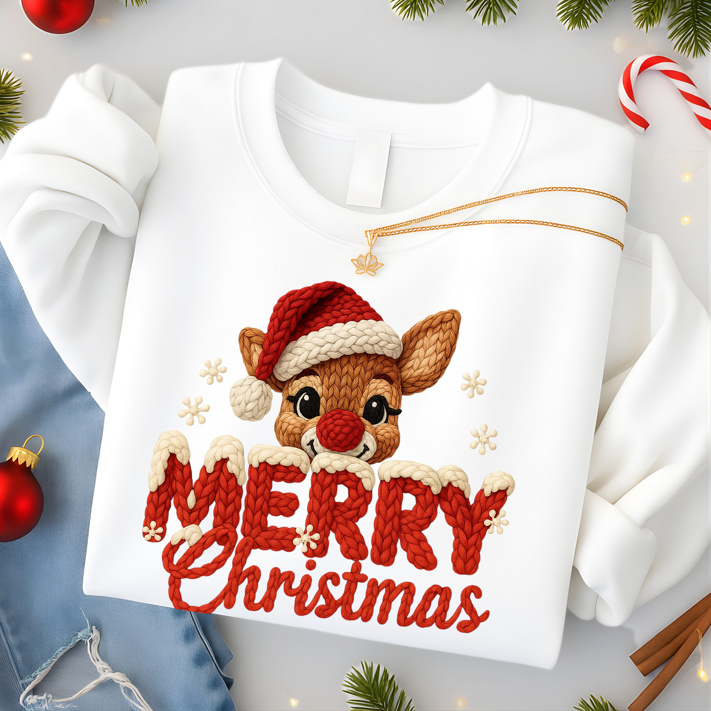 White Merry Christmas reindeer chunky knit look sweatshirt flat lay with ornaments and candy cane