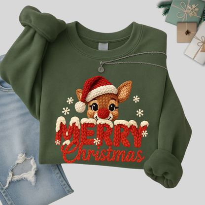 Green Merry Christmas reindeer chunky knit look sweatshirt folded with jeans – women’s holiday crewneck