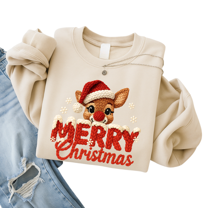 Sand beige Merry Christmas reindeer chunky knit look sweatshirt folded with ripped jeans