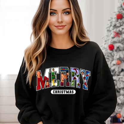 Woman wearing black Christmas sweatshirt with colorful MERRY collage design