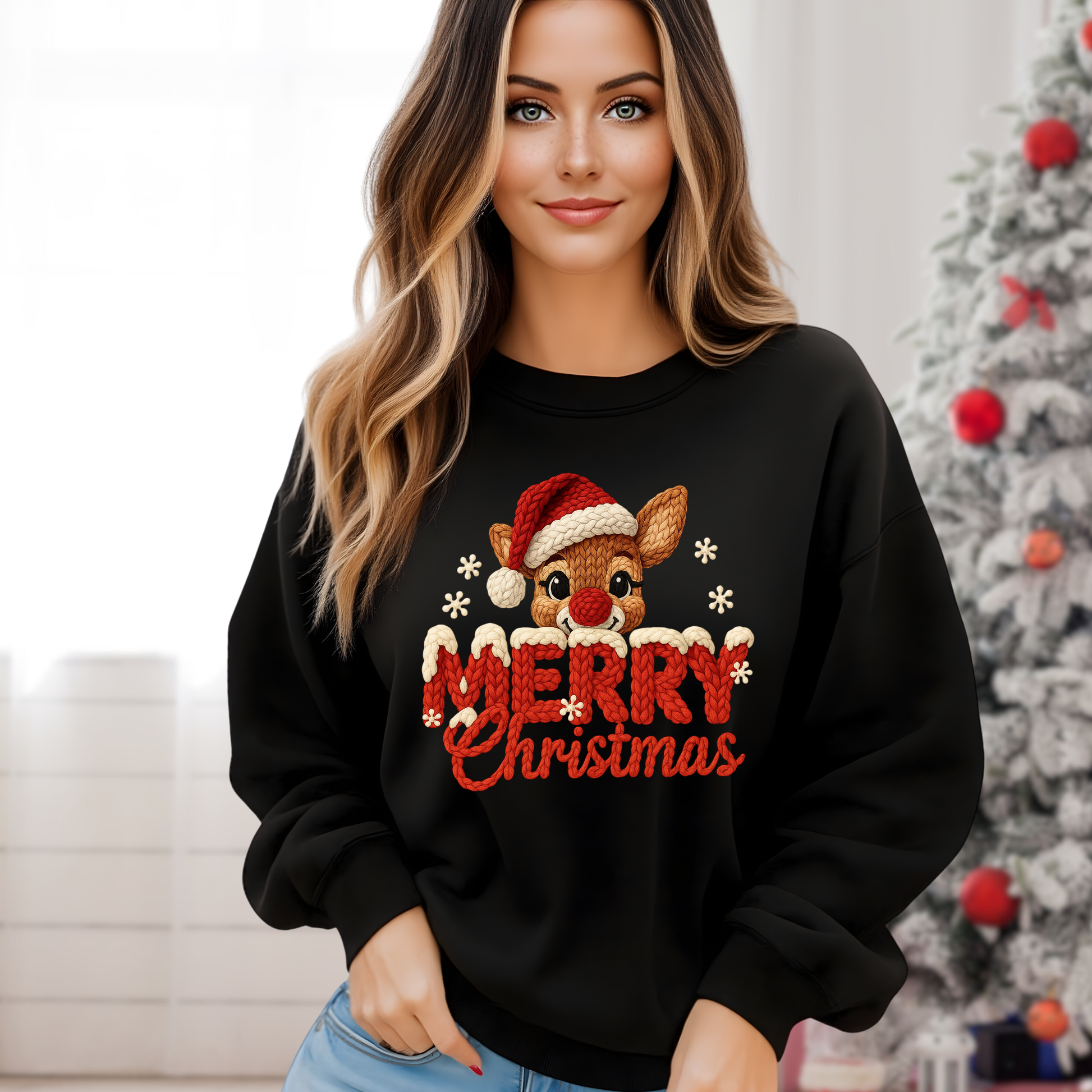 Woman wearing a black Christmas-themed sweatshirt with a reindeer and 'Merry Christmas' text, standing in front of a decorated Christmas tree.
