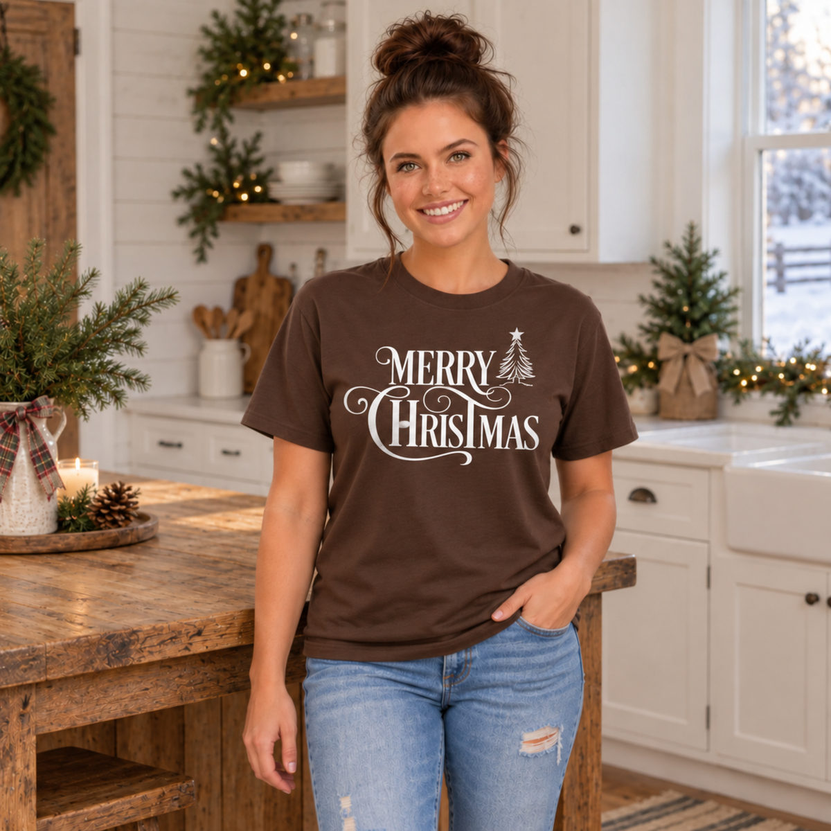 Brown Merry Christmas short-sleeve graphic tee modeled in a holiday kitchen.