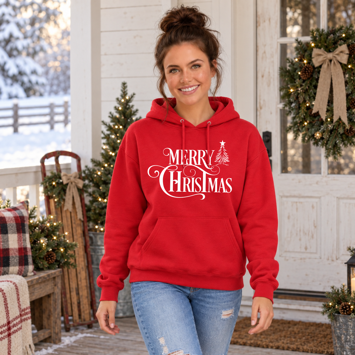 Red Christmas hoodie with white Merry Christmas lettering, modeled outdoors on a decorated winter porch.