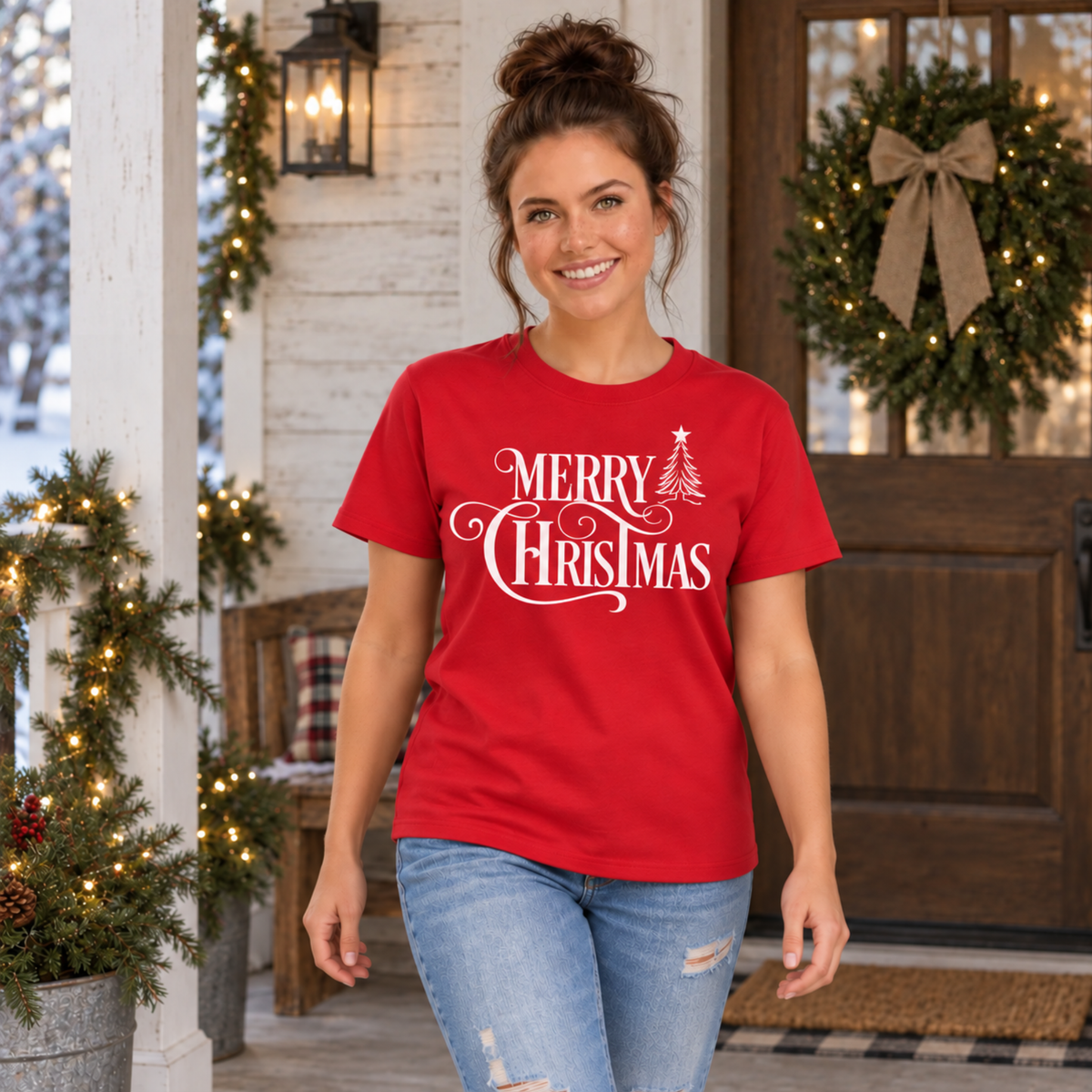 Red Merry Christmas T-shirt with white lettering, photographed on a model outside on a decorated winter porch.