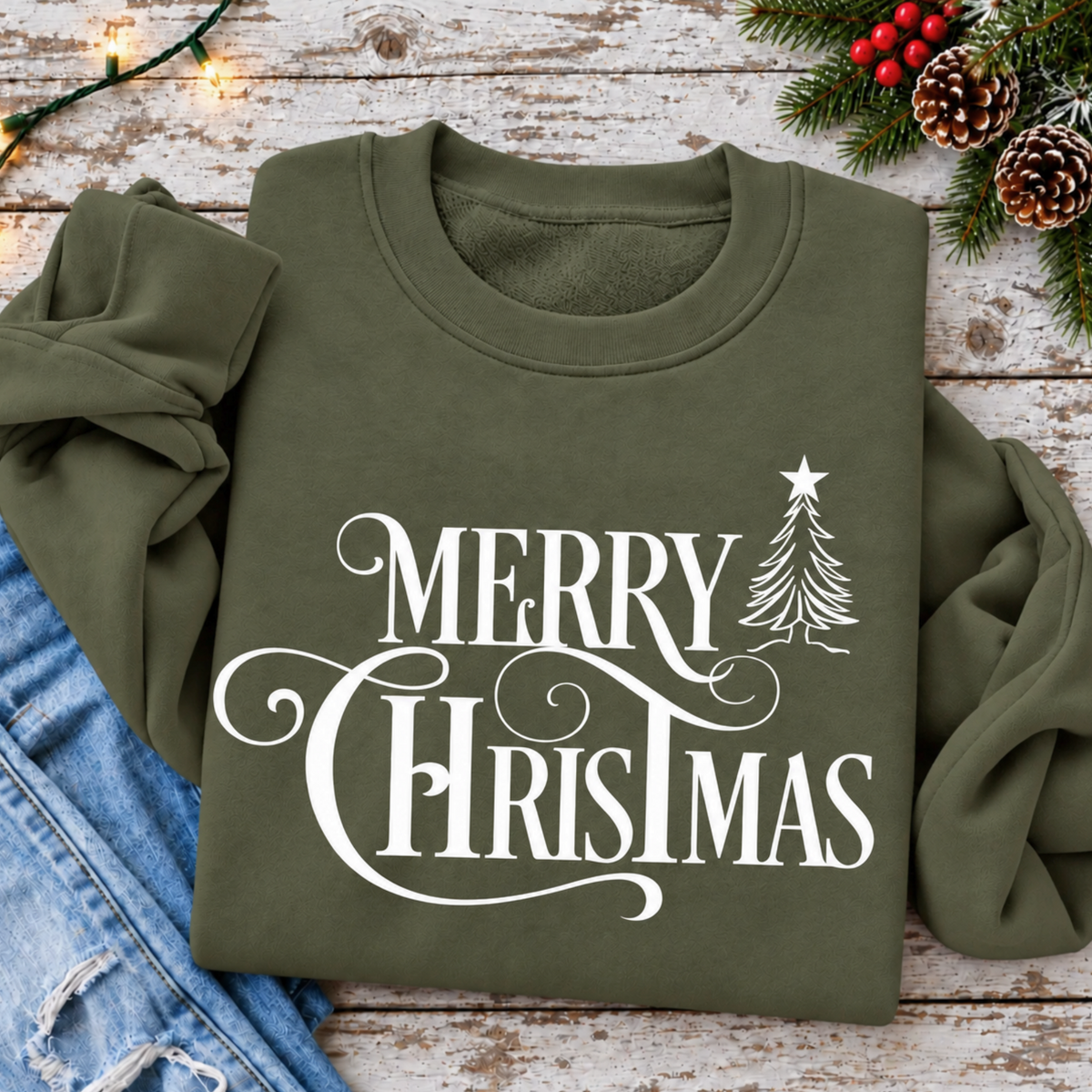 Overhead flat lay of a military green Merry Christmas sweatshirt styled with jeans, pinecones, berries and string lights.